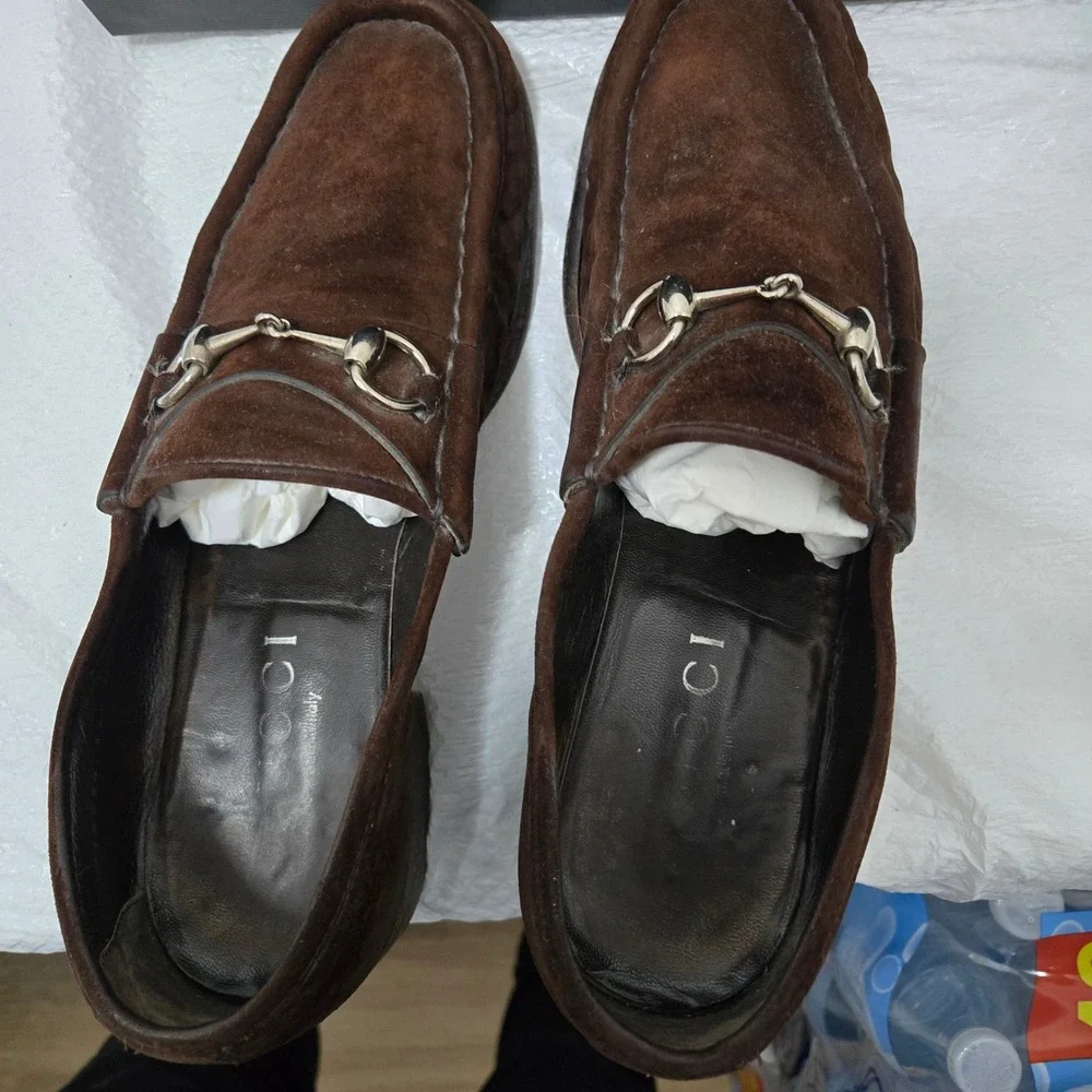Gucci Mens Horsebit Loafers Dark Brown Suede Dress Shoes Size 10 D Italy